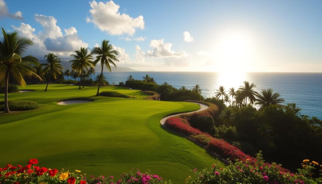 Golfplatz auf Mauritius mit Meerblick
